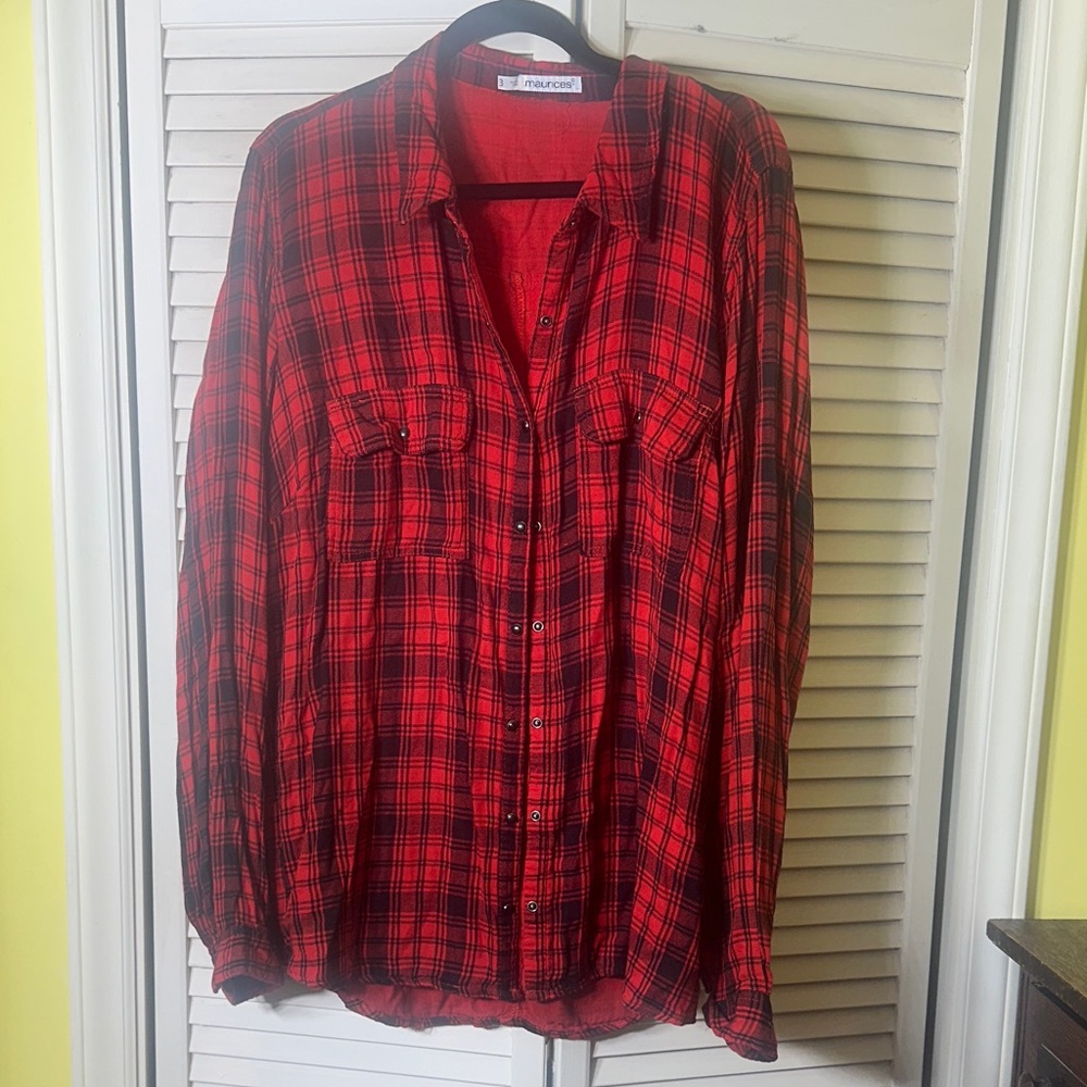 Maurices Red and Black Plaid Button-Up Shirt